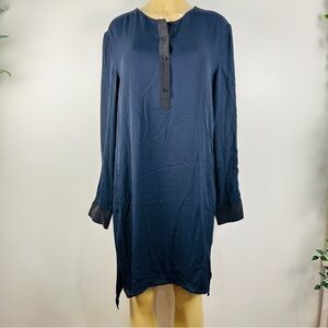 Vince Silk Navy Blue Shirtdress Sz L Contrast Long Sleeves Dress Sheath